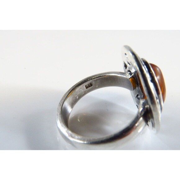 Pierced Silver & Orange Amber Cabochon Vintage Sterling Silver Ring Size 5.25 - Picture 6 of 7